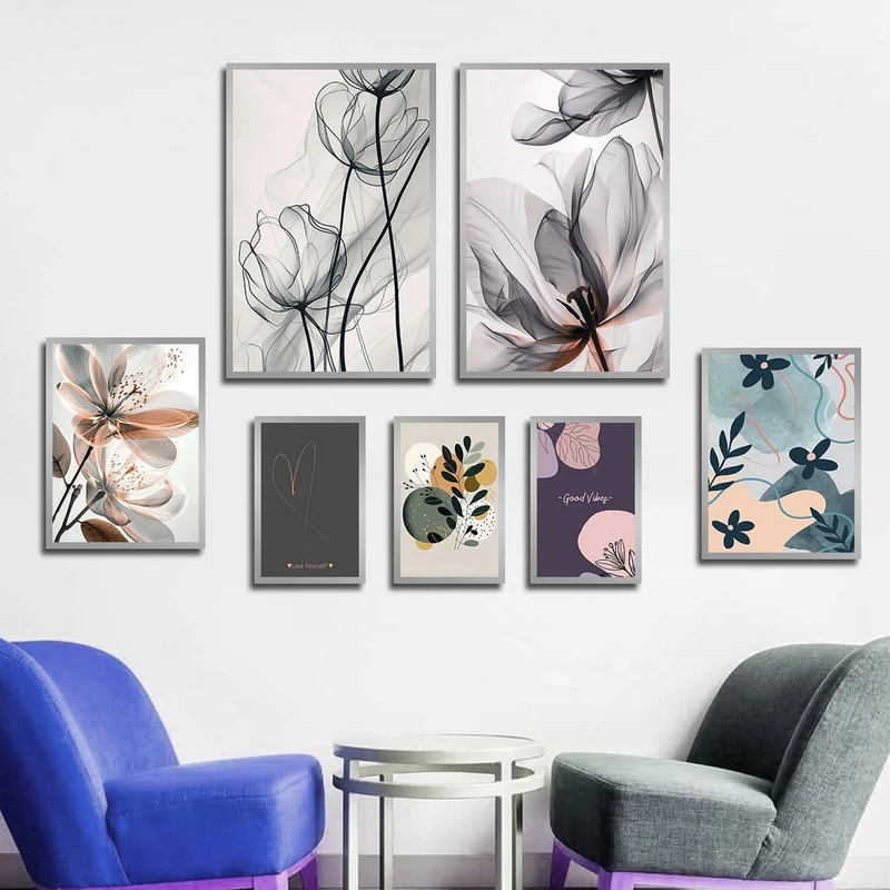 تابلو بکلیت طرح نقاشی مینیمال گل و برگ مدل SI-3096 مجموعه 7 عددی