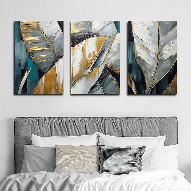 تابلو شاسی بکلیت طرح نقاشی مدرن رنگ روغن برگ مدل SH-1610 مجموعه 3 عددی