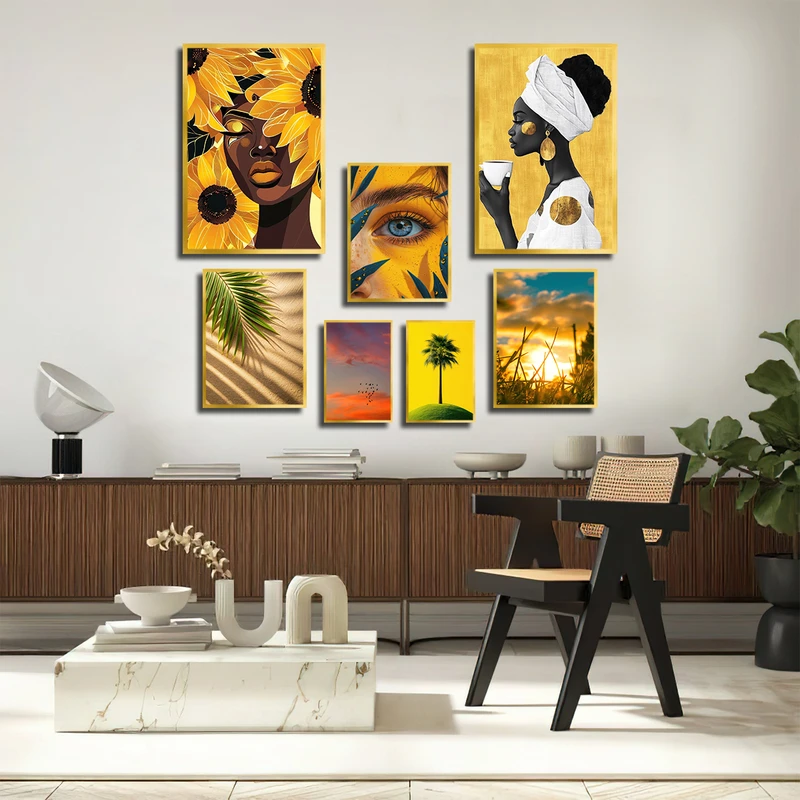 تابلو بکلیت طرح نقاشی چهره و گل افتابگردان مدل T-3359 فریم طلایی مجموعه 7 عددی