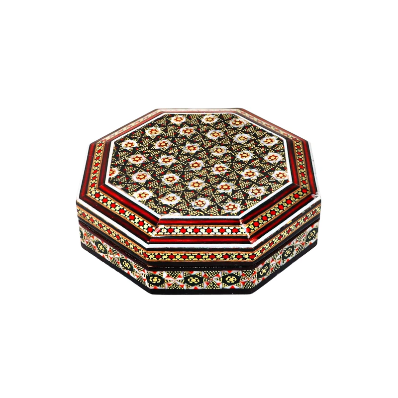 جعبه جواهرات خاتم کاری چوبی طرح 8 ضلعی کد 10103Dark