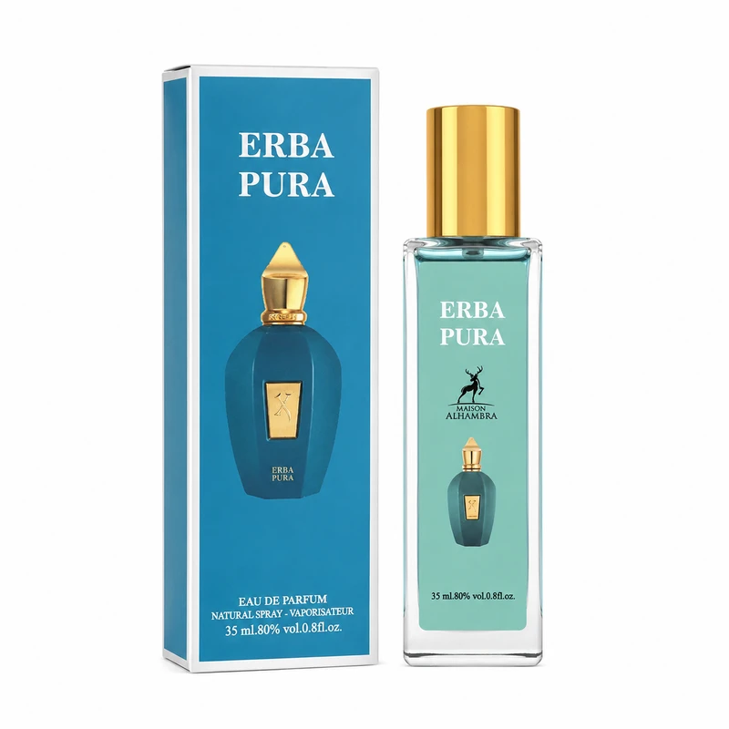 عطر جیبی میوه‌ای شرقی خنک الحمبرا مدل ERBA PURA حجم 35 میلی‌لیتر، ماندگاری و پخش بوی قوی