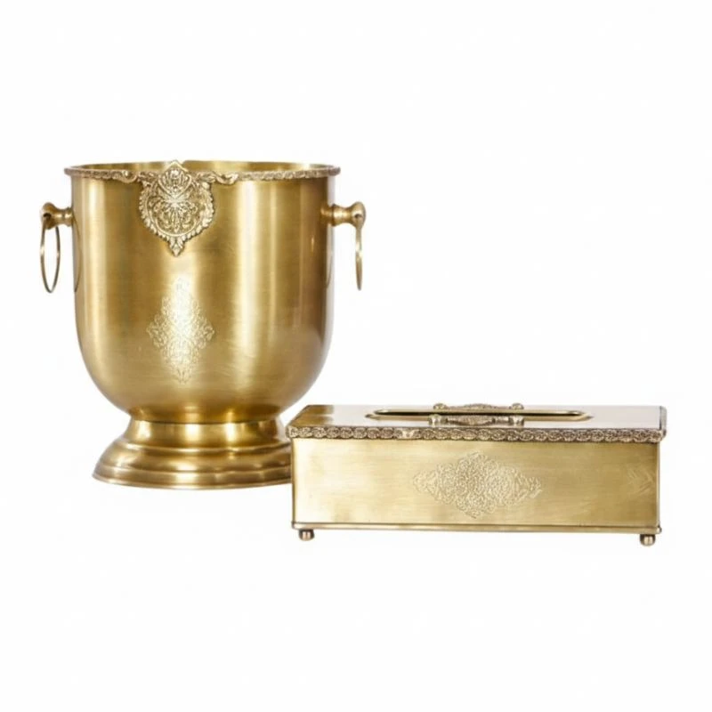 ست سطل و جعبه دستمال کاغذی برنجی مدل پایه دار