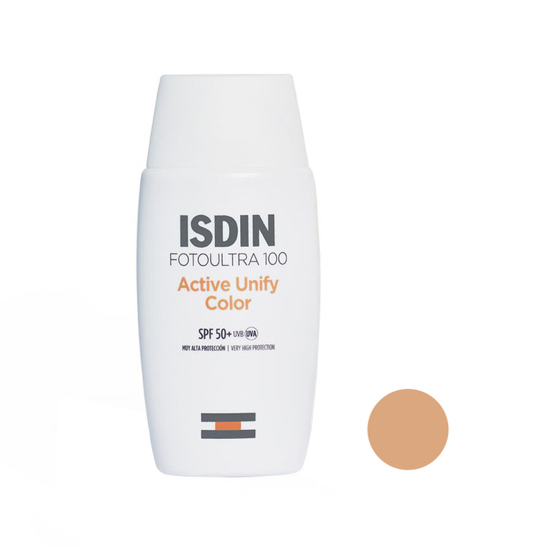 فلوئید ضد آفتاب رنگی ایزدین SPF 50 مدل Active Unify مناسب انواع پوست حجم 50 میلی لیتر