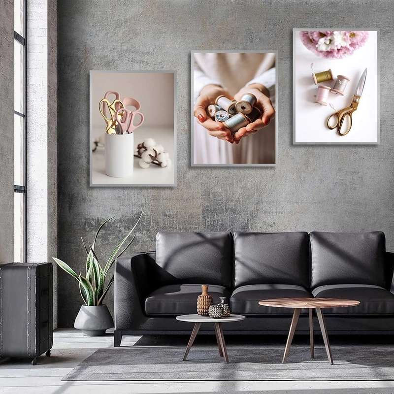 تابلو ساده بکلیت طرح وسایل خیاطی و طراحی لباس مدل شاین اکلیلی SI-2781 فریم نقره ای مجموعه 3 عددی