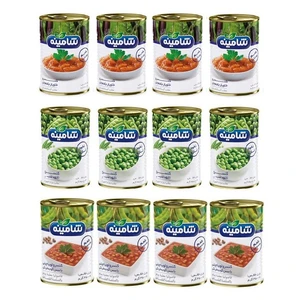 کنسرو خاویار بادمجان ، نخود سبز، لوبیاچیتی با سس گوجه فرنگی شامینه - 350 گرم مجموعه 12 عددی