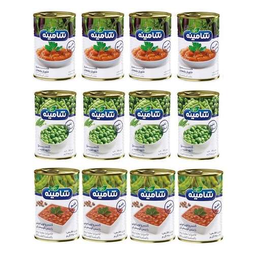 کنسرو خاویار بادمجان ، نخود سبز، لوبیاچیتی با سس گوجه فرنگی شامینه - 350 گرم مجموعه 12 عددی