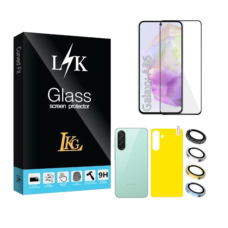 محافظ صفحه نمایش فول ال کا جی مدل LKK مناسب برای گوشی موبایل سامسونگ Galaxy A36 5G به همراه محافظ پشت گوشی و محافظ لنز