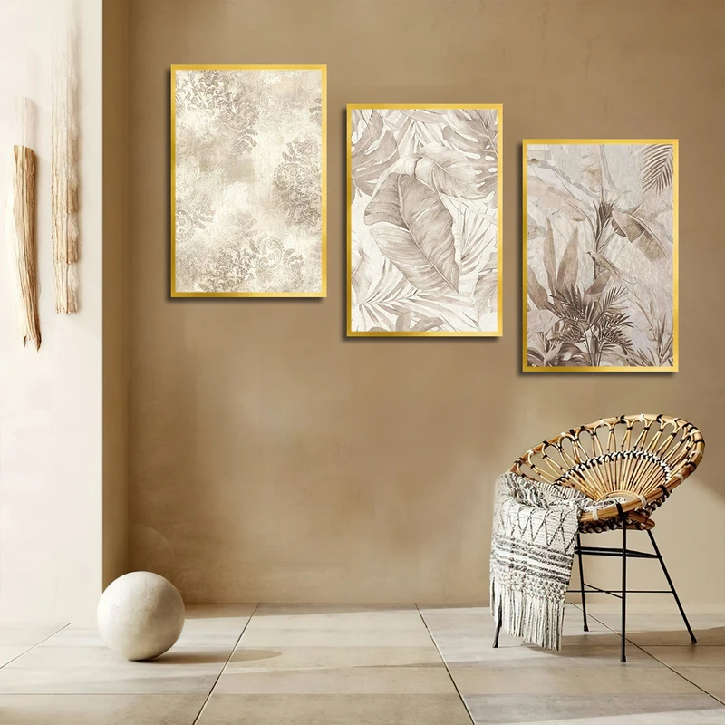 تابلو بکلیت طرح نقاشی برگ مدل T-3631 فریم طلایی مجموعه 3 عددی