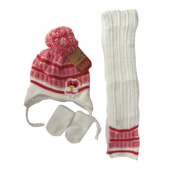 ست کلاه و شال گردن و دستکش بافتنی نوزادی مدل  کیتی پرنده رنگ صورتی