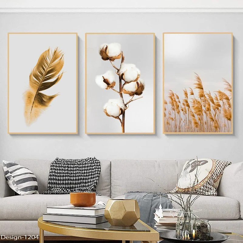 تابلو مدل منظره طرح خوشه کد 411 فریم طلایی مجموعه سه عددی