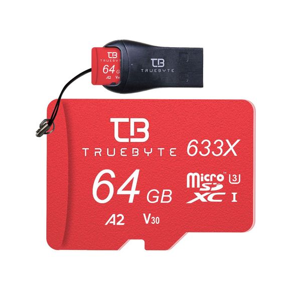  کارت حافظه microSD XC تروبایت مدل 633X-A2-V30 کلاس 10 استاندارد UHS-I U3 سرعت 95MBps ظرفیت 64 گیگابایت به همراه کارت‌خوان