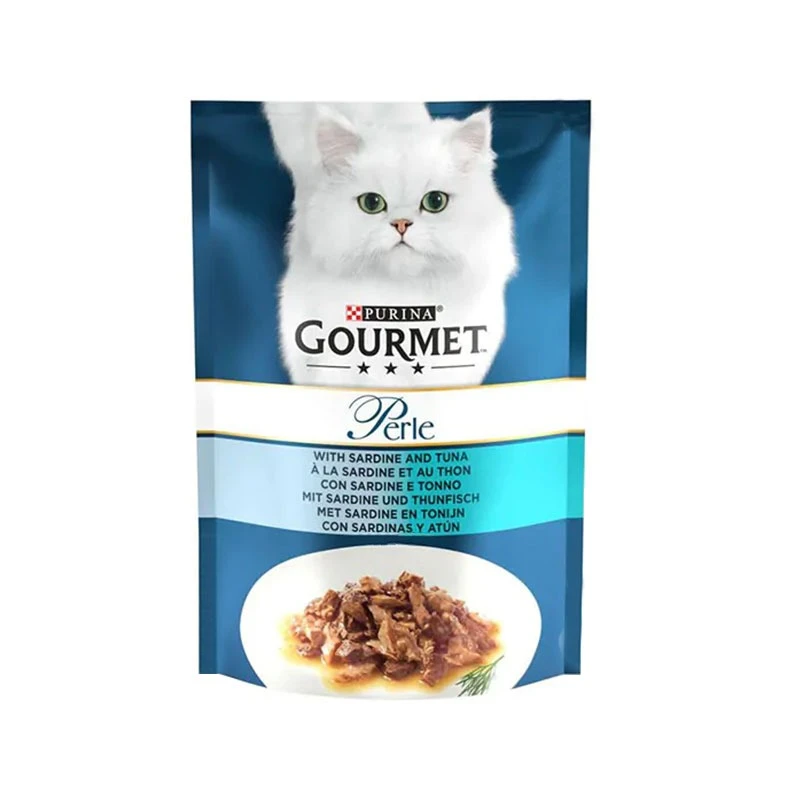 پوچ گربه بالغ گورمت مدل Gourmet Perle طعم ماهی ساردین و تن وزن 85 گرم