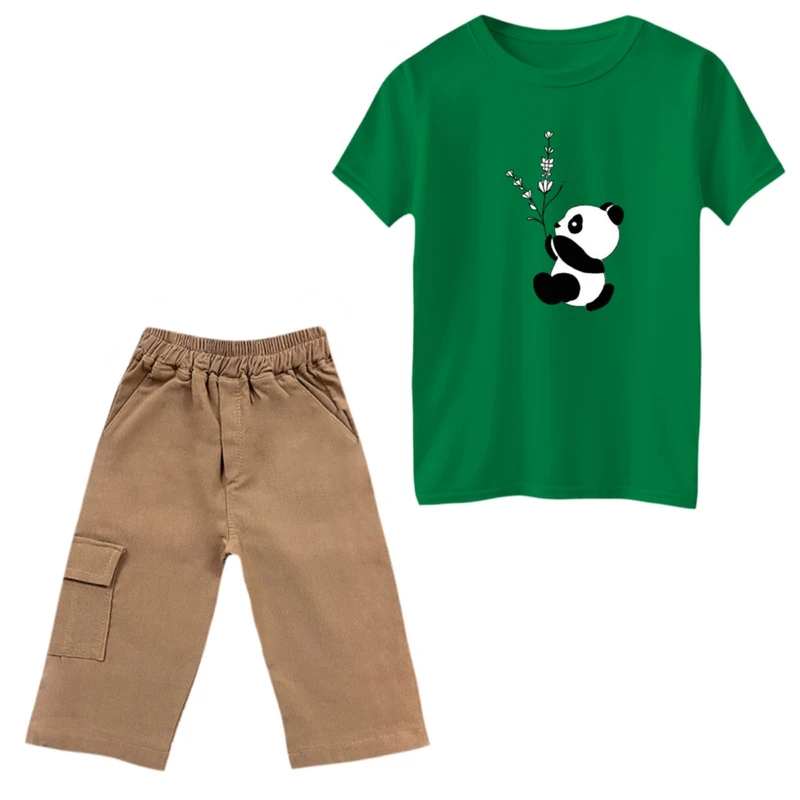 ست تی‌شرت و شلوارک دخترانه مدل پاندا و گل