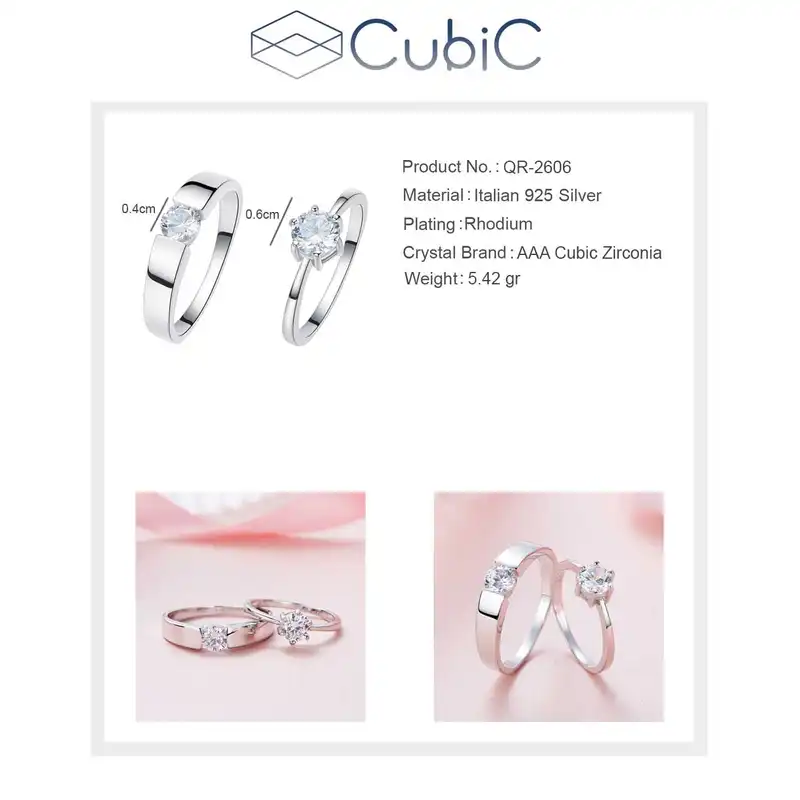 ست انگشتر نقره زنانه و مردانه کوبیک مدل QR-2606-7-8