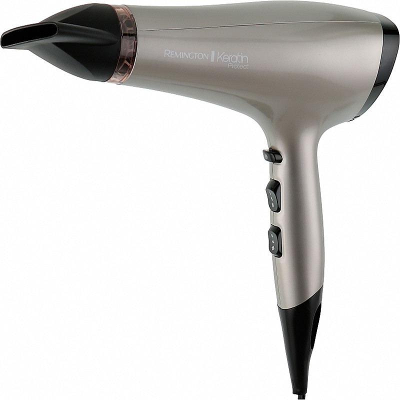 سشوار رمینگتون مدل AC8002 Keratin Protect با موتور AC، توان 2200 وات، فناوری تولید یون، محافظت از کراتین مو، تنظیم دما در 3 حالت، تنظیم سرعت در 2 حالت، باد سرد، کابل 1.8 متری، همراه با 3 سری مختلف، مناسب استفاده خانگی و نیمه‌حرفه‌ای