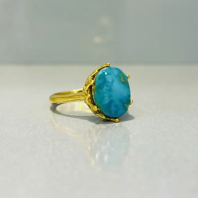 انگشتر نقره زنانه مدل اسپرت روکش طلا فیروزه نیشابوری طبیعی کد 043-23