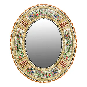 آینه خاتم کاری مدل الیپس طرح گل و مرغ برجسته کد 46p38-1f4gr