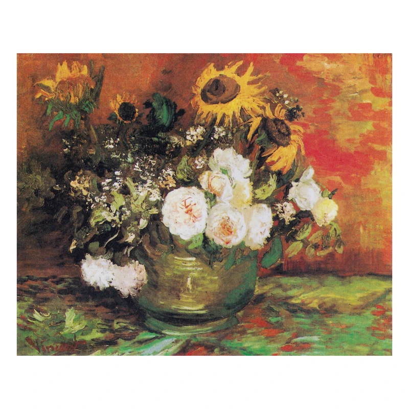 تابلو طرح گلدان گل های آفتابگردان و رز اثر ونسان ونگوگ