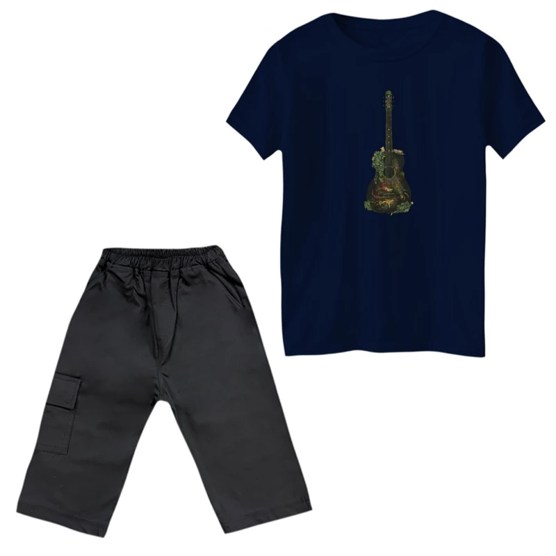 ست تی‌شرت و شلوارک پسرانه مدل گیتار last of us رنگ سورمه ای