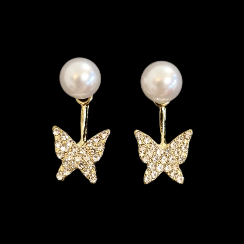 گوشواره میخی زنانه مدل پروانه نگینی مرواریدی 