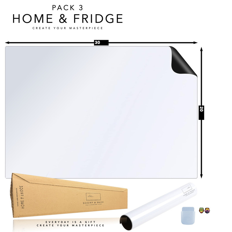 تخته وایت برد هوم اند فریج مدل 3 سایز 30x20 سانتی متر به همراه هولدر مغناطیسی و مگنت یخچالی مجموعه ۴ عددی