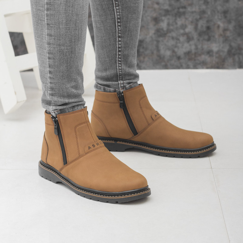 نیم بوت مردانه مدل دو طرف زیپ رنگ عسلی تیره