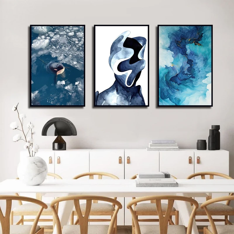 تابلو بکلیت طرح نقاشی مینیمال چهره و دلفین مدل B-3027 مجموعه 3 عددی