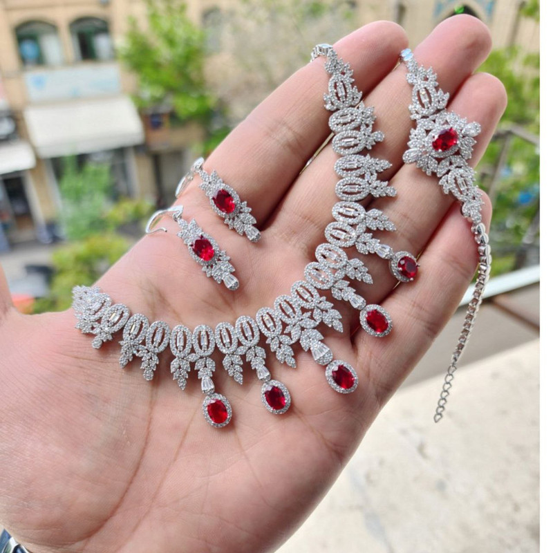 نیم ست نقره زنانه مدل اشکی یاقوت کد 0184