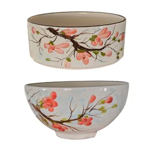 کاسه سفالی مدل آبگوشت خوری طرح شکوفه هلو بسته ۲ عددی