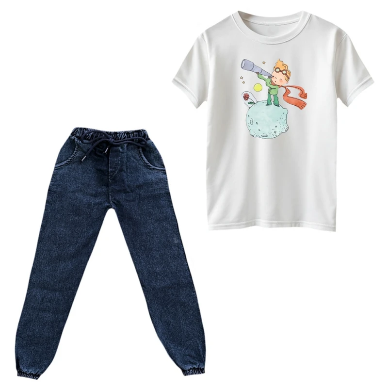 ست تی‌شرت و شلوار پسرانه مدل شازده کوچولو و تلسکوپ رنگ سفید