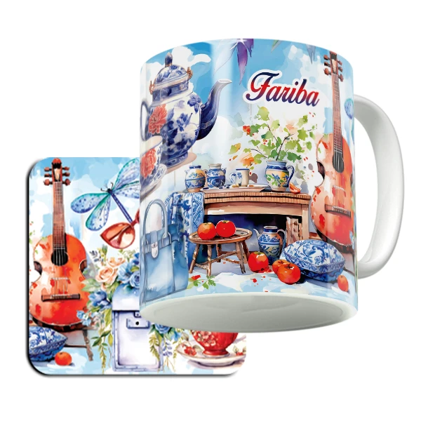 ماگ لاژید مدل اسم فریبا طرح نقاشی آبرنگ به همراه زیر لیوانی