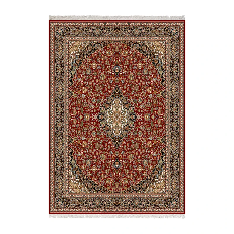 فرش ماشینی 1000 شانه زانیس زمینه قرمز حاشیه سرمه ای مدل چاپی