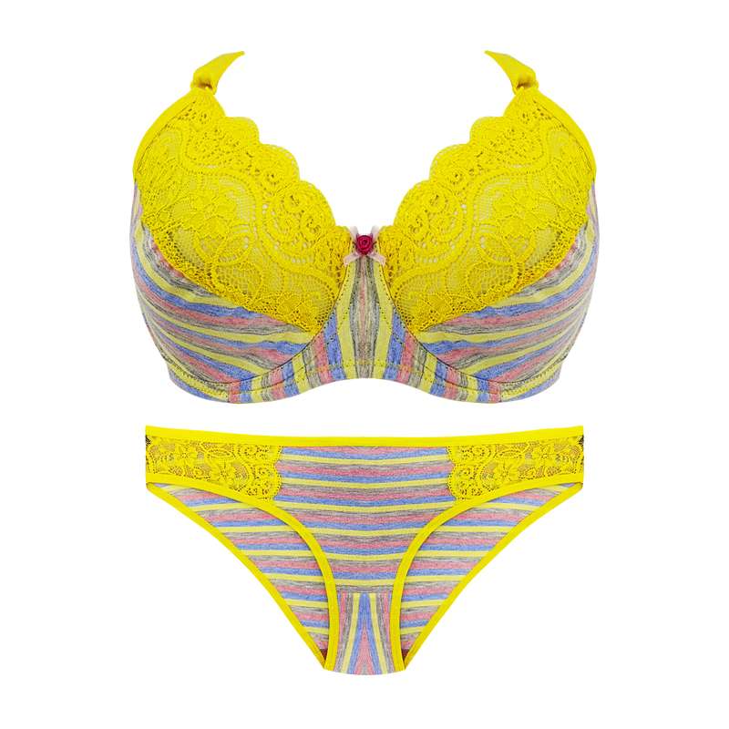 ست شورت و سوتین زنانه مدل دانتل راه راه رنگ زرد