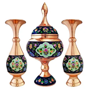 ست 3 تکه گلدان و شکلات خوری مسی نگارستان نیلی مدل پرداز کد ab24