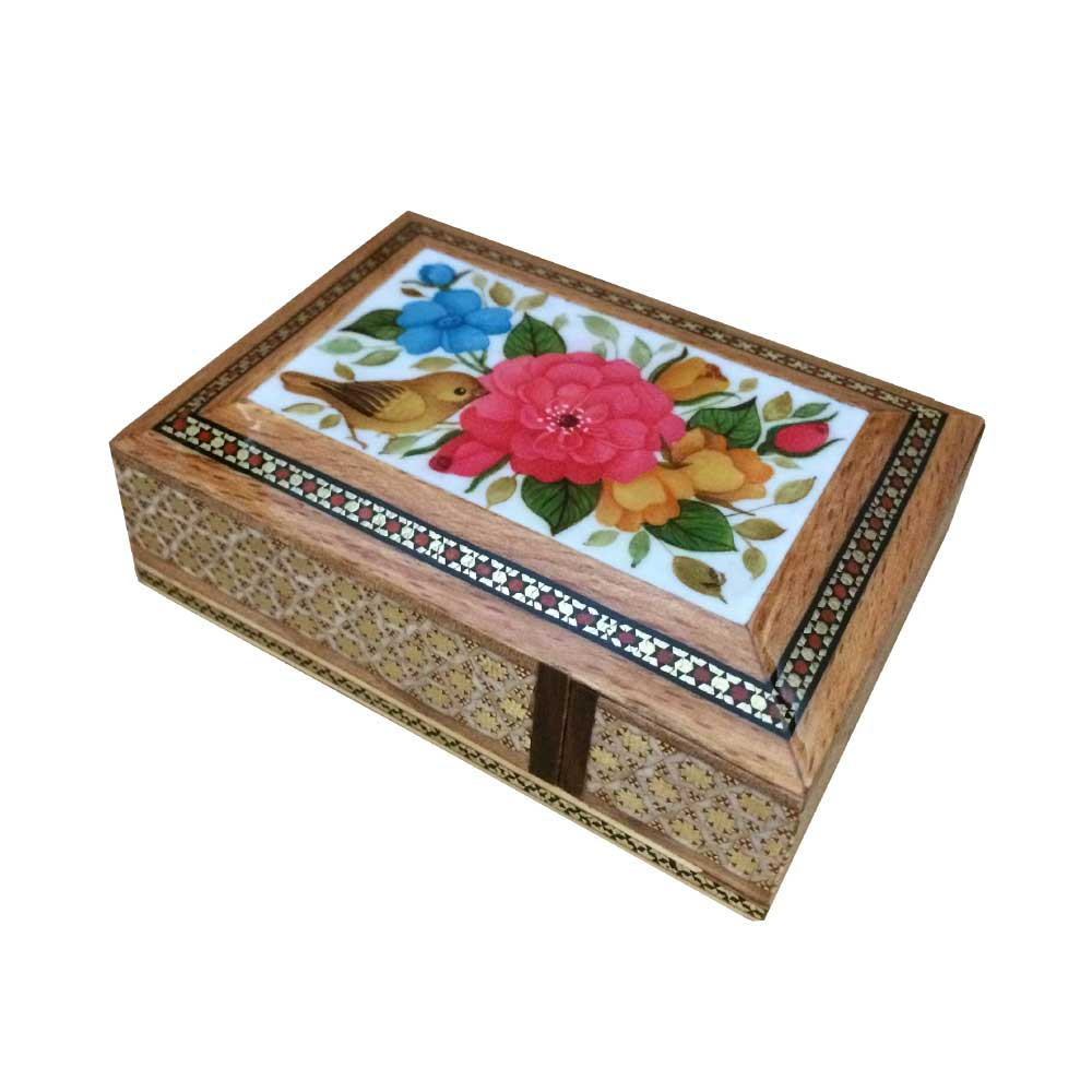 جعبه جواهرات خاتم کاری طرح گل و مرغ کد B 284