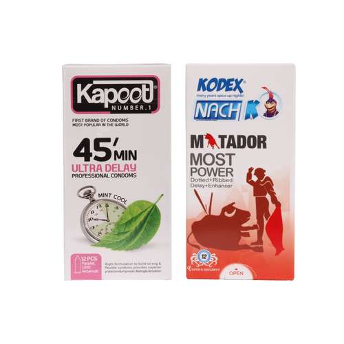 کاندوم کاپوت مدل 45min بسته 12 عددی به همراه کاندوم ناچ کدکس مدل Matador بسته 12 عددی