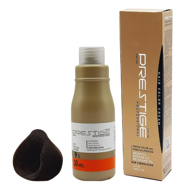 رنگ مو نیو پرستیژ کالر شماره 4.5 حجم 120 میلی لیتر رنگ قهوه ای طلایی متوسط به همراه اکسیدان مدل 2 نه درصدی حجم 150 میلی لیتر