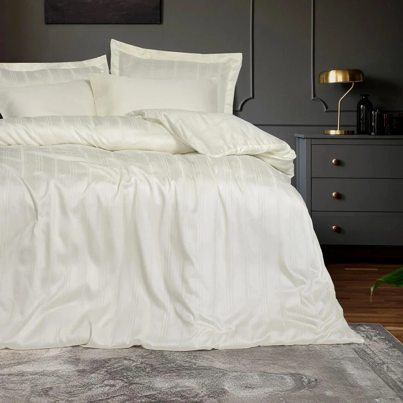 سرویس ملحفه دو نفره 6 تکه کاتن باکس مدل Smart Bamboo Stripe Ekru C.K