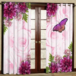 پرده مدل گل بنفش و پروانه هازان پانچی کد 4409 سایز 140x200 سانتی متر