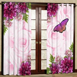 پرده مدل گل بنفش و پروانه هازان پانچی کد 4409 سایز 140x200 سانتی متر