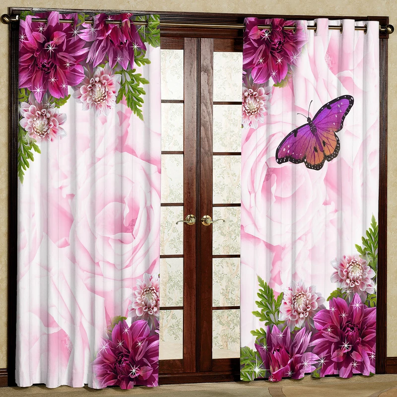 پرده مدل گل بنفش و پروانه هازان پانچی کد 4409 سایز 140x200 سانتی متر