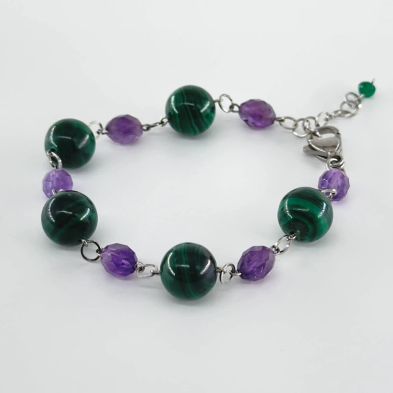 دستبند زنانه مدل سنگ مالاکیت و آمیتیست کد b212