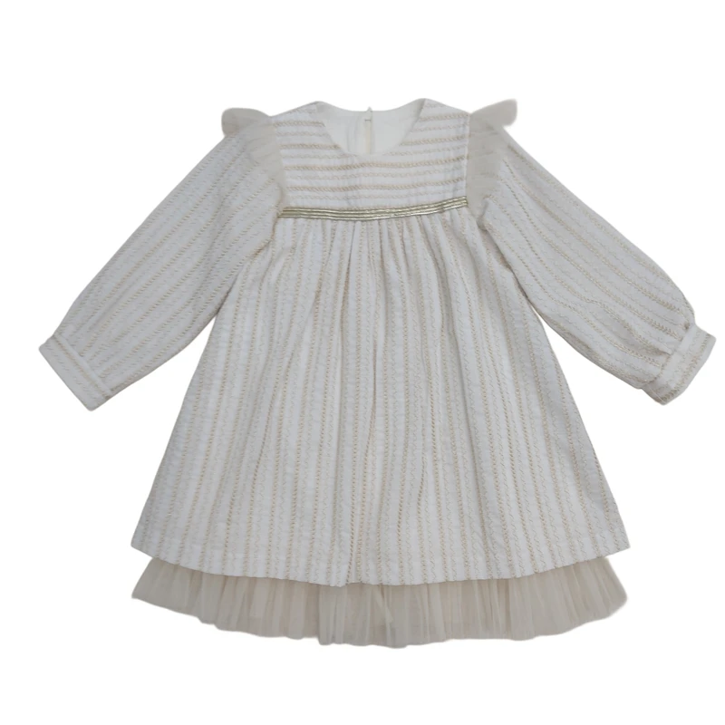 پیراهن آستین بلند یقه گرد دخترانه مدل سوزندوزی گندمی رنگ سفید