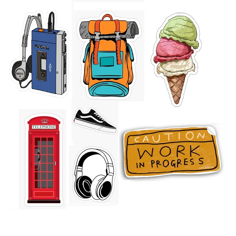 استیکر لپ تاپ، تبلت و موبایل طرح کوله پشتی و بستنی کد 802 مجموعه 7 عددی