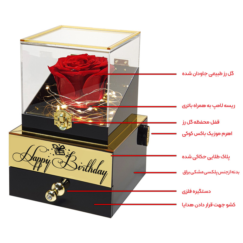 گل رز جاودان مدل گنجینه موزیکال طرح Happy Birthday کد M02 گل رز جاودان مدل گنجینه موزیکال طرح Happy Birthday کد M02