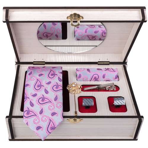 ست کراوات و دستمال جیب و دکمه سردست وگیره کروات مردانه مدل GF-PA320-GR