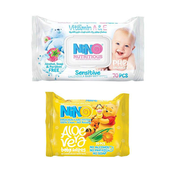 دستمال مرطوب کودک نینو مدل Sensitive بسته 70 عددی به همراه دستمال مرطوب کودک نینو مدل Aloevera بسته 20 عددی