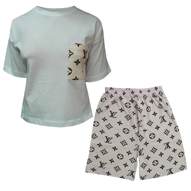 ست تی شرت و شلوارک زنانه مدل نخ پنبه چاپی طرح لویی ویتون کد 034