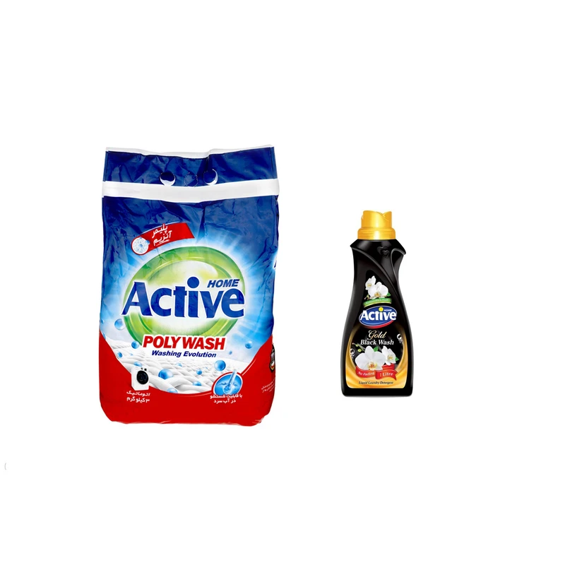 پودر ماشین لباسشویی اکتیو مدل Poly Wash وزن 3 کیلوگرم به همراه مایع ماشین لباسشویی مشکی اکتیو حجم 1000 میلی‌لیتر