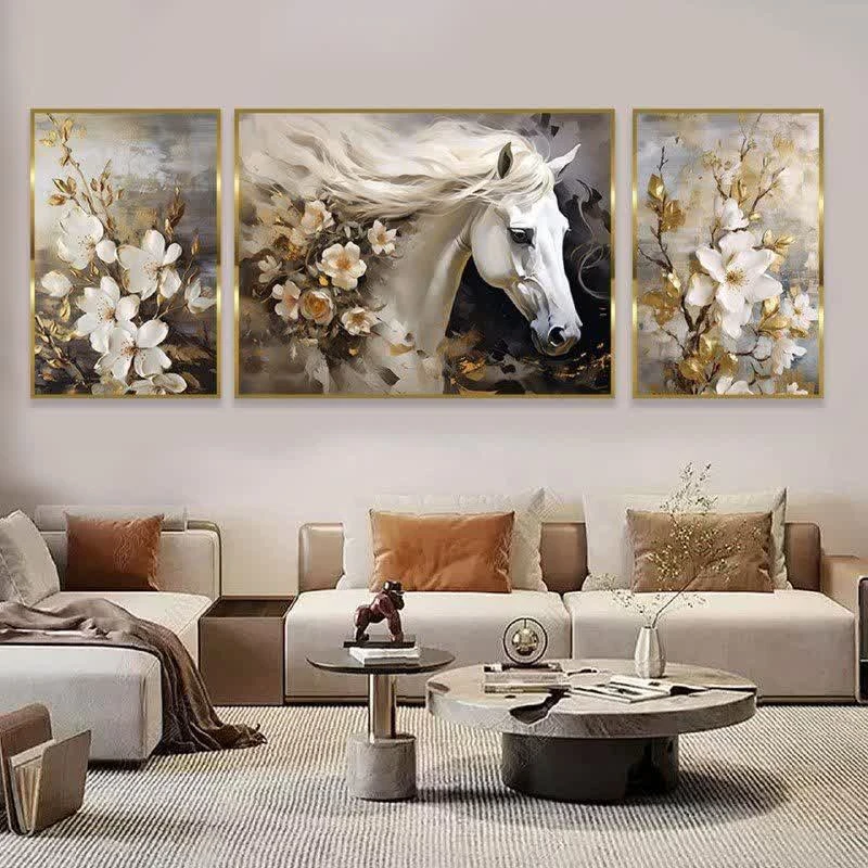 تابلو مدل حیوانات طرح اسب و گل کد 390 فریم طلایی مجموعه سه عددی
